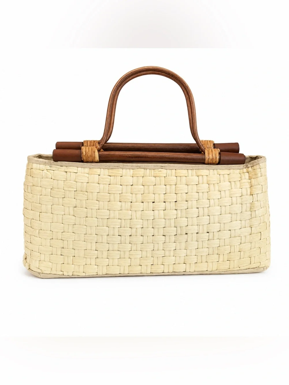 Jessica McClintock Vintage Woven Straw Bamboo Handle Handbag Coastal Summer Bag
